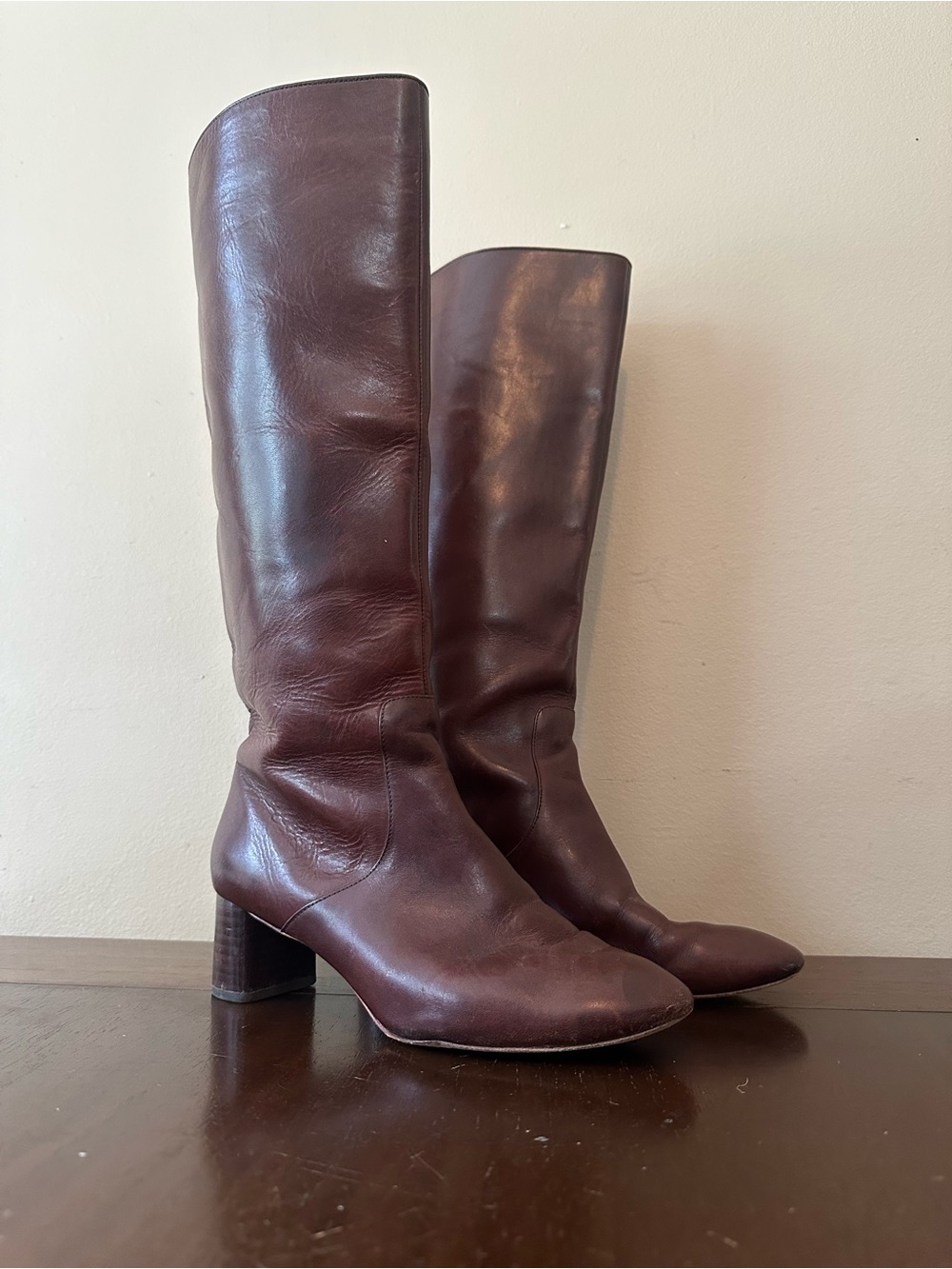 Loeffler Randall Gia Leather Knee High Heeled Riding Boots in Espresso, Sz 8